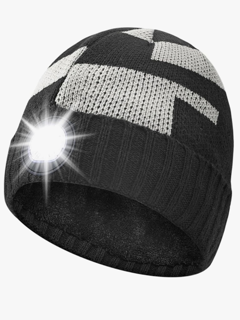 KNIT LED Beanie Hat with Front Light - Black & Gray